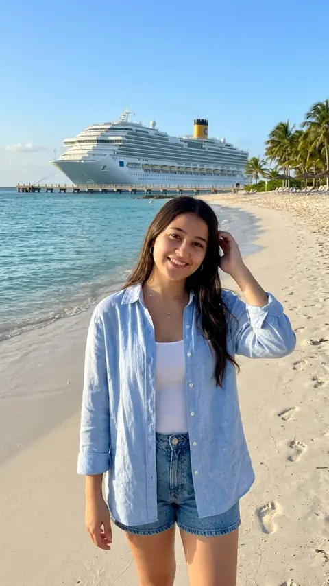 Retrato generado con IA en una playa con un crucero de fondo
